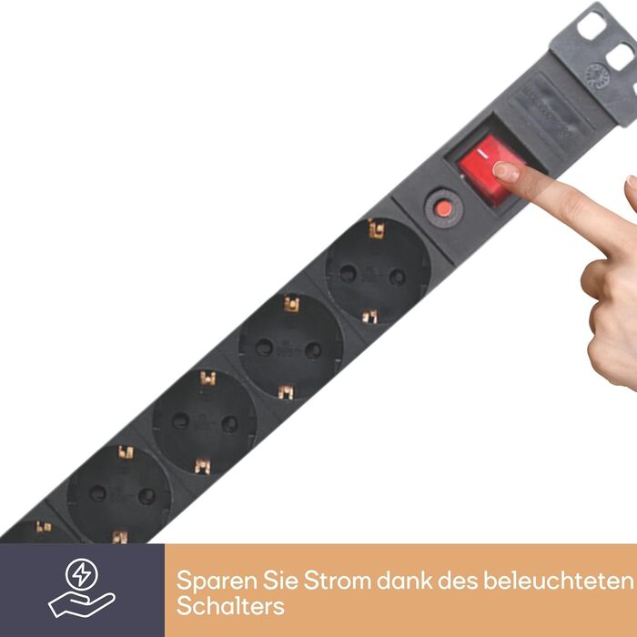 Блок розподілу живлення (PDU) Perel на 8 розеток Schuko Typ F з вимикачем та захистом від перенапруги, кабель 2.15м, 3680 Вт для 19-дюймової стійки, серверної шафи та офісу