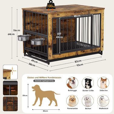 Дерев'яний вольєр для собак, 93x64x58 см, з піддоном та мисками, для собак середніх та маленьких порід (до 40 кг), білий (колір дерева)