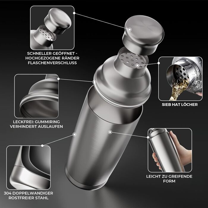 Набір шейкерів для коктейлів YARRAMATE 700 мл, 8 предметів з нержавіючої сталі, з вбудованим ситом, для дому та барів