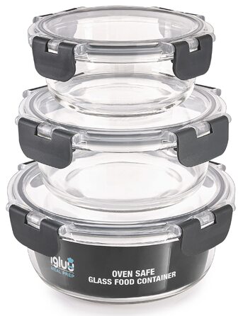 Контейнери для їжі Igluu Meal Prep, скляні, набір 3 шт (400/650/950 мл) - BPA-free, мікрохвильовка, духовка, морозилка, посудомийка