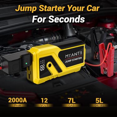 Powerbank з компресором та пусковим пристроєм 12V для автомобіля, LED-ліхтар, швидка зарядка, для двигунів до 10.0L бензину та 8.0L дизеля (Жовтий)