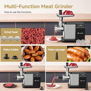AAOBOSI Electric Meat Grinder - 3000W MAX with LED Display, 3 Speeds, Anti-Clogging Technology, Built-in Storage Box, Sausage Maker & Kibbeh Maker for Home Use