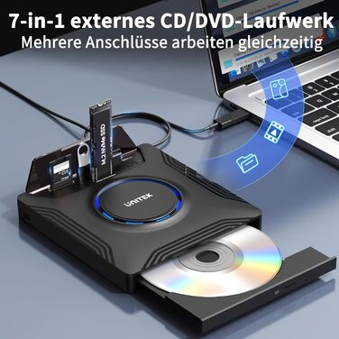 Зовнішній CD/DVD привід UNITEK USB-C, портативний DVD-плеєр з картридером SD, USB 3.0 Hub та CD-ROM записником для ноутбуків, ПК, Windows, Linux, macOS (чорний)