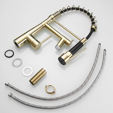 Змішувач кухонний LED Chrome з висувною лійкою, 360° поворот, 2 виходи, високий тиск (золотий)