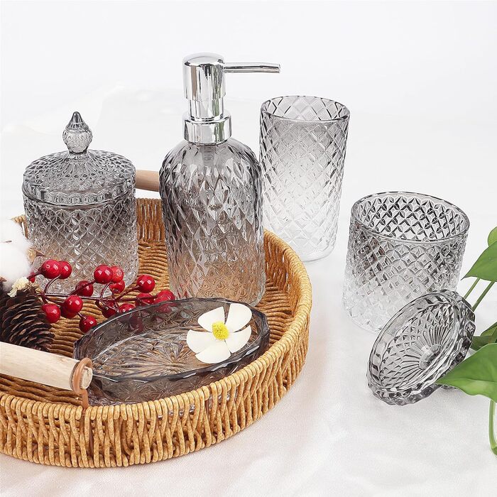 Набір аксесуарів для ванної кімнати зі скла (5 шт.) - чорний: мильниця, диспенсер для мила, тримач для зубних щіток, контейнер для ватних паличок, стакан