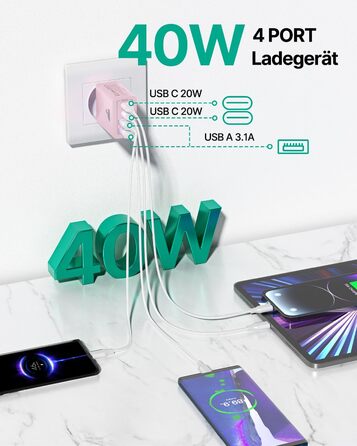 Мережевий адаптер USB-C з 4 портами, 40W, з інтелектуальною зарядкою QC, для iPhone, Samsung та інших телефонів