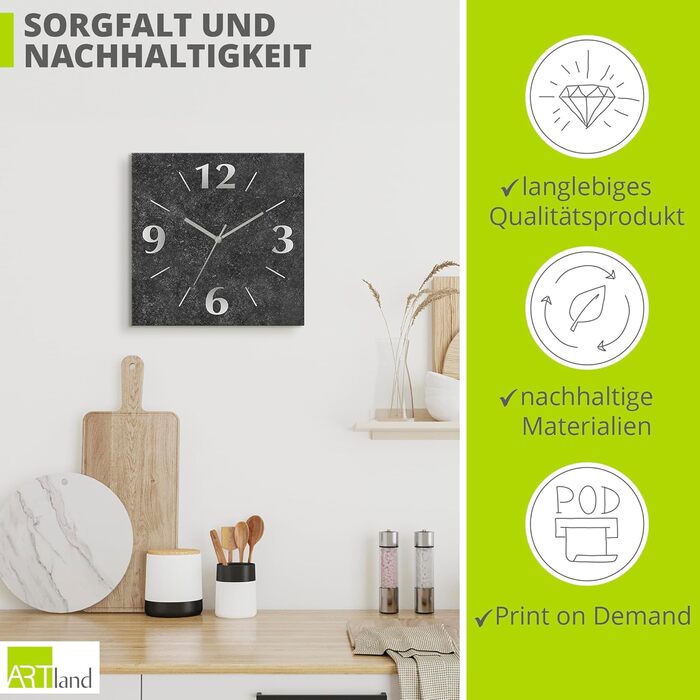 ARTLAND Wall Decor Wall Clock without Ticking Sounds, Aluminum, 30x30 cm Square, Silent Analog, 4 Numbers, 30x30 cm Design U1RE (Granite, Quartz Clock)