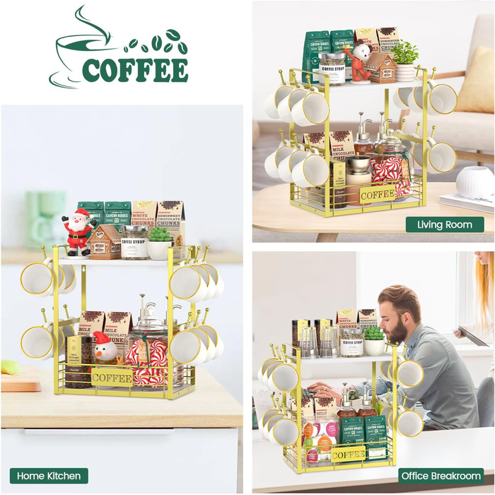 EsLuker.ly 2-Tier Mug Holders and Cup Stands, Mug Shelf for Coffee Cups, Coffee Organizer for Countertop, Coffee Station Organizer with Mug Holder, Vintage Brown-Black (14