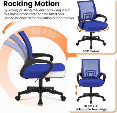 Офісний стіл Yaheetech з ергономічною спинкою з сітки, регульованою висотою та підлокітниками, поворотний крісло для начальника, витримує до 136 кг, блакитний