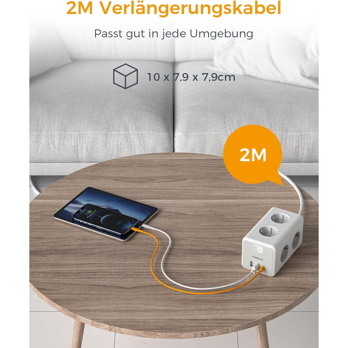 Мережевий фільтр TESSAN 6-fach з USB-C, 9 в 1 з вимикачем, 2 метри кабелю для дому та офісу