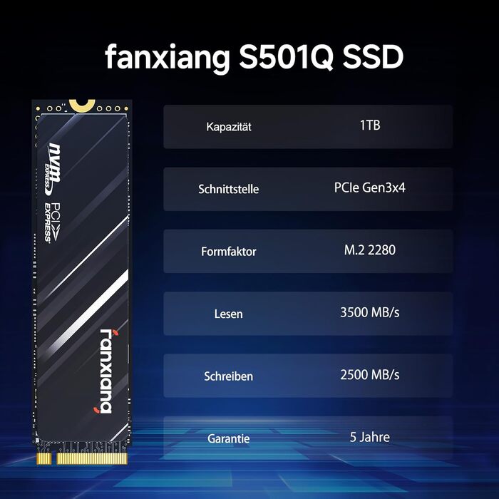SSD накопичувач Fanxiang 1TB NVMe PCIe Gen3 QLC з SLC кешем для ігор, 3500 МБ/с (читання), 2500 МБ/с (запис), внутрішній SSD для ПК та ноутбука