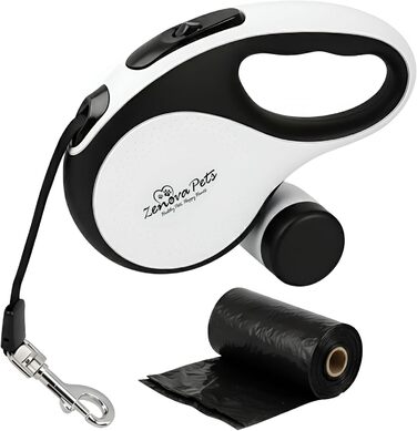 Рулетка для собак 5 м з тримачем для відходів – витяжна повідка для собак будь-якого розміру – повідка з нейлоновою стрічкою 360°, антиковзним руків'ям та кнопкою швидкого гальмування – повідка для собак до 30 кг