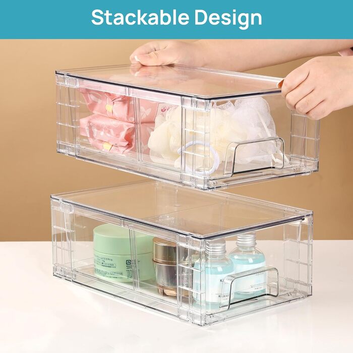 Vtopmart 4-Piece Stackable Storage Drawers, Clear Acrylic Drawer Organizers with Handles, Storage Organizer for Refrigerator, Bathroom, Closet, Pantry