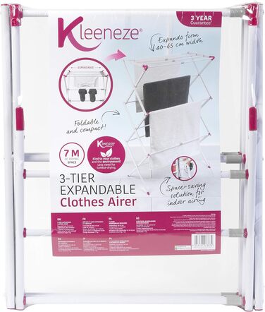 Розсувна сушарка для білизни Kleeneze KL078834EU7, 3-рівнева, 7 м, для балкона, дому та вулиці, біла