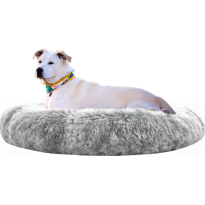 Крісло-гніздо для собак XXXL, кругле, знімний, пральний чохол, анти-тривожне, штучне хутро, м'яке, комфортне, пухнасте ліжко для домашніх тварин (115 см, сірий)