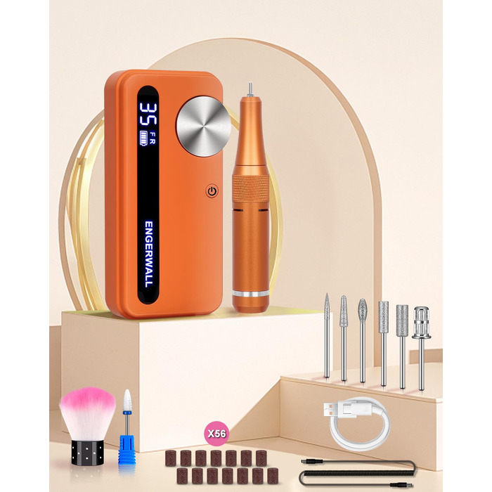Професійний фрезер для нігтів ENGERWALL 35000 об/хв, акумуляторний, для гелю та акрилу, електричний, манікюрний набір з 7 насадками та 56 шліфувальними стрічками, темно-срібний