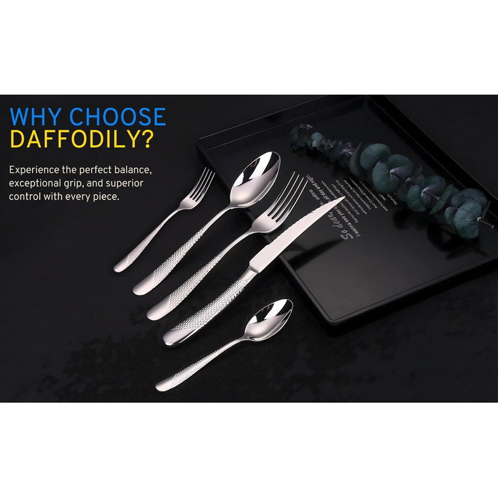 DAFFODILY Cutlery Set. Hammered 18/10 Stainless Steel Dinnerware. Mirror Finish, ultra-sharp steak knives, dishwasher safe. (Silver, 20)