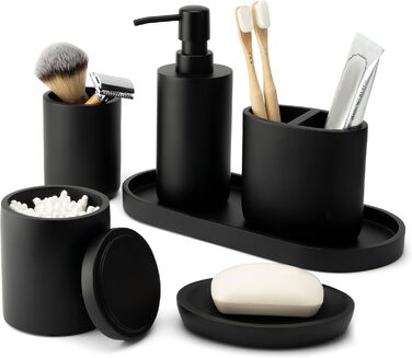 DELUXXOO® Набір аксесуарів для ванної кімнати 6 шт. чорний матовий: органайзер, диспенсер для мила, мильниця, стакан для зубної щітки, піднос, ящик для зберігання