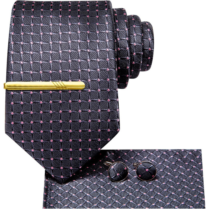 Чоловіча краватка Hi-Tie шовкова, сіро-рожева картата, формальна, з кишеньковою хустинкою та затискачем для краватки, набір для весілля та бізнесу