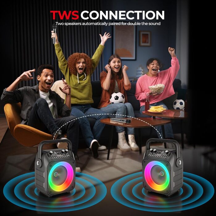 Караоке Машина Ankuka з 2 мікрофонами, Bluetooth, портативна PA система, підтримка TV/TWS/FM/AUX/USB/TF/Rec для вечірок та свят (Чорний)