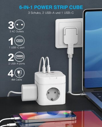 Розетка-смуга 6 в 1 з USB-C, 3 розетки, плагін, індивідуальне вмикання, куб, з кабелем, 1 USB-C, для офісу, дому, подорожей (4M, білий)