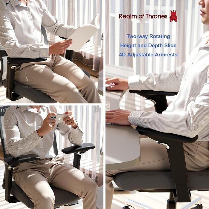 Офісний стіл Realm of Thrones CAPTAIN Deluxe: ергономічний стілець з регульованою поперековою підтримкою, дихаюча спинка, комфортне сидіння, сталева база, відкидні підлокітники (сірий)