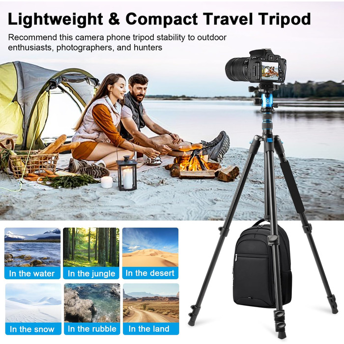 Штатив для камери DSLR та смартфона 195,6 см, алюмінієвий компактний штатив для подорожей з панорамною 360° кулеподібною головкою, 2 QR-платформами та сумкою (синій)