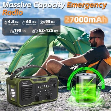 Радіоприймач Kurbelradio 27000mAh з ручним генератором, сонячною панеллю, Bluetooth 5.3, SOS-сигналом, компасом та ліхтариком. Радіо для надзвичайних ситуацій, виживання та підготовки до стихійних лих (зелене)