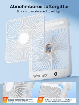 Вентилятор для кемпінгу Warmco 20000mAh з лампою та дисплеєм, 15-48 годин роботи, тихий, ультратонкий, з гачком, USB, для намету, відпочинку, офісу, автодому, спальні