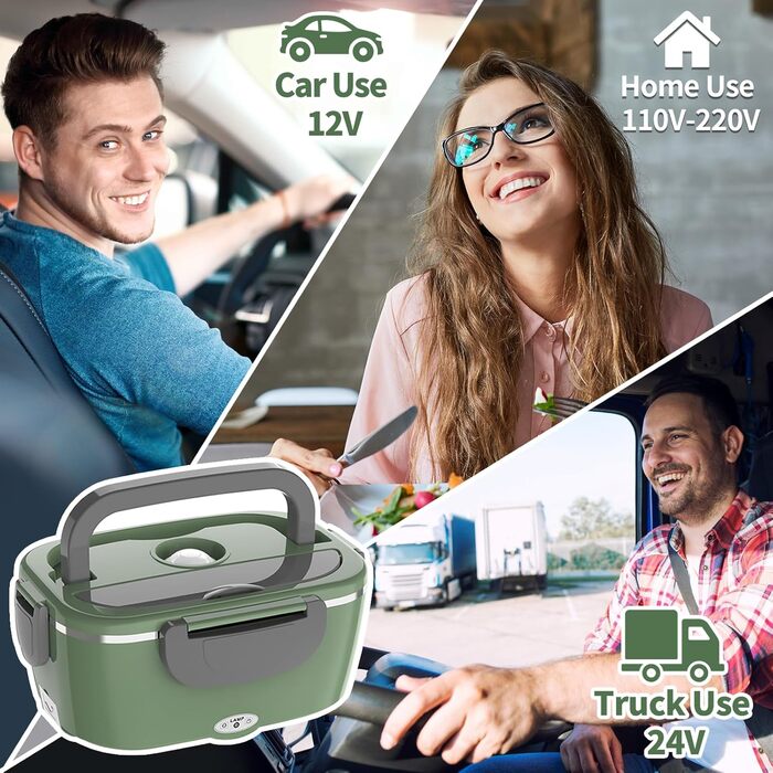 Electric Lunch Box 100W, 3-in-1 Portable Heated Lunch Box, Removable Stainless Steel Lunch Container, 12V/24V/220V Insulated Food Warmer for Car/Truck/Office, With Insulated Bag and Sponge (Green, 1.5 L)