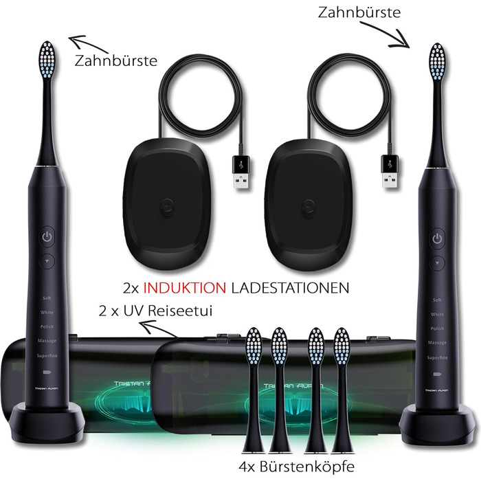 Електрична зубна щітка Tristan Auron Doppelpack 55000 VPM з UV-кейсом, 60 днів акумулятора, 5 режимів чищення, IPX7, зарядний пристрій (Чорний+Рожевий)