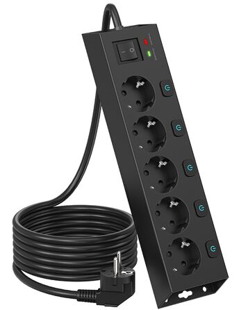 Мережевий фільтр Steckdoseleiste 5-fach з вимикачами, захистом від перенапруги 1050J, для дому та офісу, 2м кабель (чорний)