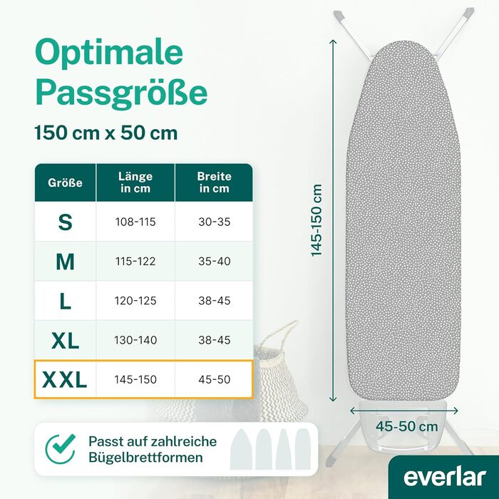 Everlar® Преміум чохол для прасувальної дошки 120x40 см, виготовлено в Німеччині, OEKO-TEX® 100, комфортний, для прасувальних дошок та станцій (XXL, сірий з білими крапками)