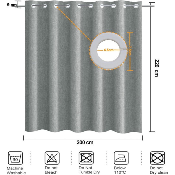 Штора для душу YISURE без гачків, льон ефект, 120x200 см, сіра. Водовідштовхувальна, текстильна, машинне прання