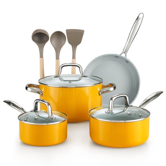 Набір посуду Cook N Home 10 предметів з антипригарним керамічним покриттям, індукційний, жовтий