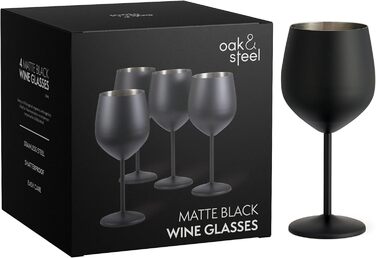 Набір з 4 нержавіючих винних келихів Oak & Steel, 540 мл, чорний матовий, міцні та небиткі, подарунковий набір для дня народження, Різдва, декор столу на Хелловін
