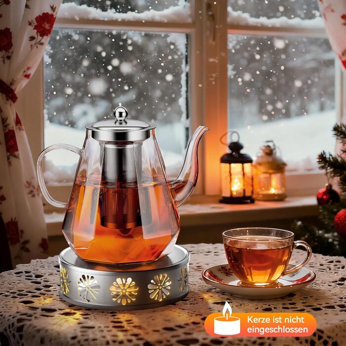 Скляний чайник STNTUS з підігрівачем та ситечком для листового чаю, 1.2 л, нержавіюча сталь