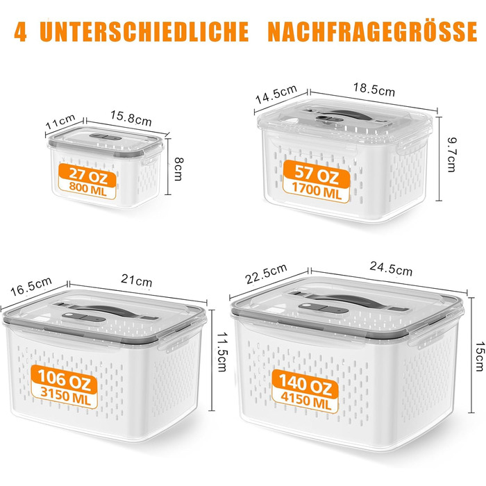 4-Pack Refrigerator Organizer – Vegetable Storage & Organization, stackable with strainer, lid and handle for the kitchen – Fridge Organizer for refrigerator storage