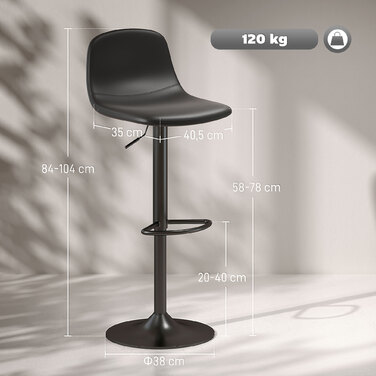 HOMCOM Set of 2 Adjustable Height Swivel Bar Stools - Rotating Bar Chair Counter Stool with Backrest and Footrest, Non-Slip Stool, Faux Leather, Black | Aosom
