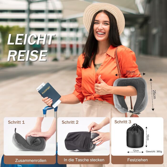 Подушка для шиї в літак, доросла, з піною Memory Foam, регульована, з вушкою та маскою для сну, чорна (сіра)