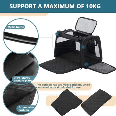 Транспортна переноска для котів та собак Petsfit, чорна, 47.5L x 33B x 33H см, з м'яким розкладним килимком та плечовим ременем