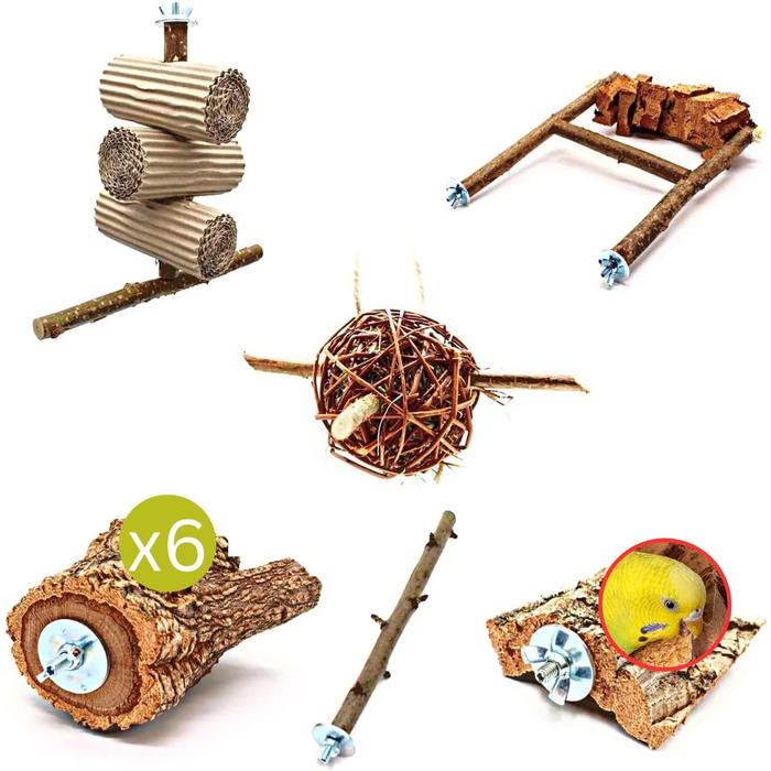 6-Piece Shredder and Nibbling Set for Birds | Basic Equipment for Bird Owners | Budgie Toy | Cockatiel Toy