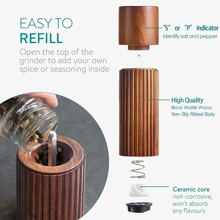 Набір солі та перцю з дерева – ручні мельниці для спецій з керамічним жорном, регульовані ступені помелу, неслизький дизайн та чіткою маркуванням S&P, 16,5 см (БЕЗ підставки)