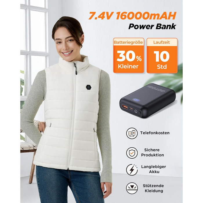 Тепла жилетка для жінок з акумулятором 16000mAh 7.4V - Жилетка з 9 зонами обігріву та 3 рівнями температури, обігрівальна жилетка, для роботи на вулиці, обігрівальна куртка біла S