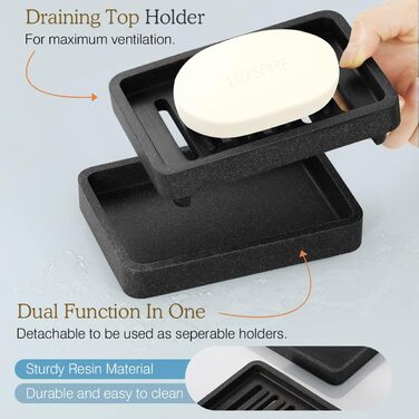 Підставка для мила Luxspire з двошаровим покриттям, чорний колір, з текстурою гальки, швидковисихаюча, для кухні, ванної кімнати, душу