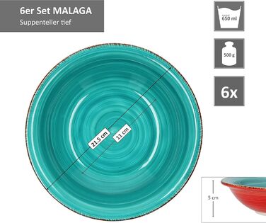 Набір тарілок Malaga 6 шт. – глибокі різнокольорові супові тарілки 650 мл, Ø 21,5 см, круглі салатні та сервірувальні тарілки з кам'яної кераміки, ручний розпис