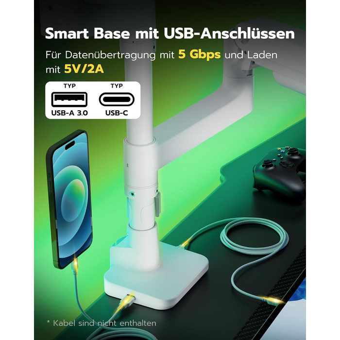 Кронштейн для двох моніторів ARES WING (17-49 дюймів) з USB, вертикальна установка один над одним, регулювання висоти, VESA 75/100, до 20 кг на плече, білий