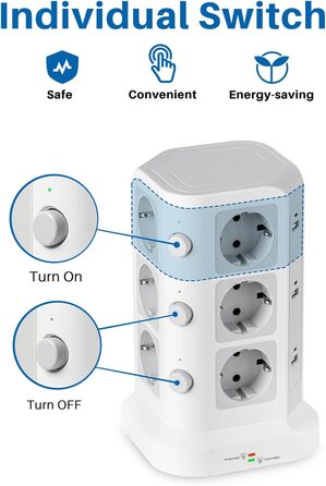 Стедова колонка KOOSLA з 12 розетками, захистом від перенапруги (4000W/16A) та 6 USB, 5м, білий - для офісу, кухні, столу