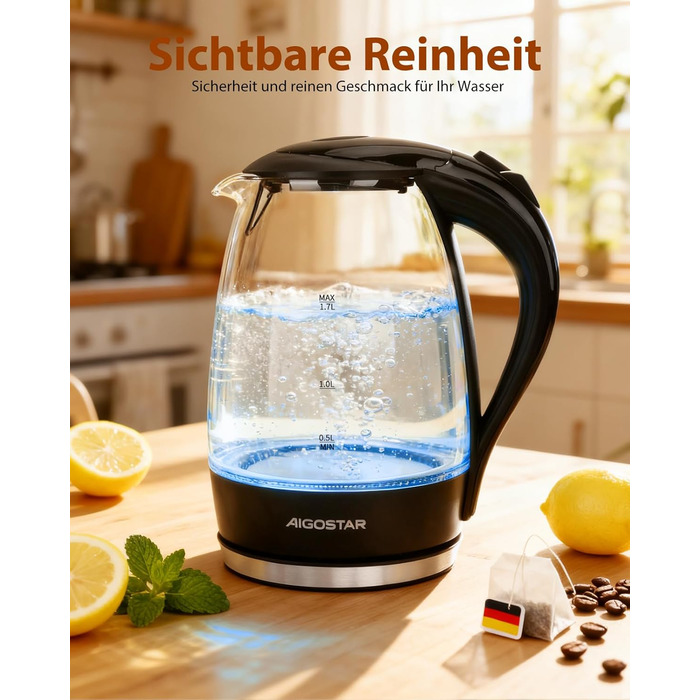 Електричний чайник Aigostar Adam, 1.7 л, 2200 Вт, LED, скло, без BPA, з фільтром від накипу, чорний