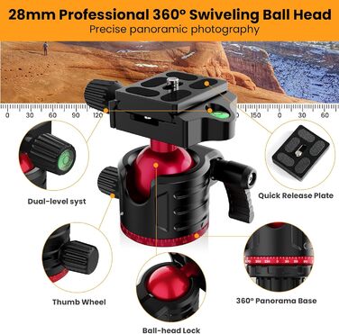 Штатив MACTREM 187 см (74 дюйми) з кульковою головкою 360° - штатив для камери, смартфона, iPad, Canon, Nikon, Sony, телескопа, лазерного рівня